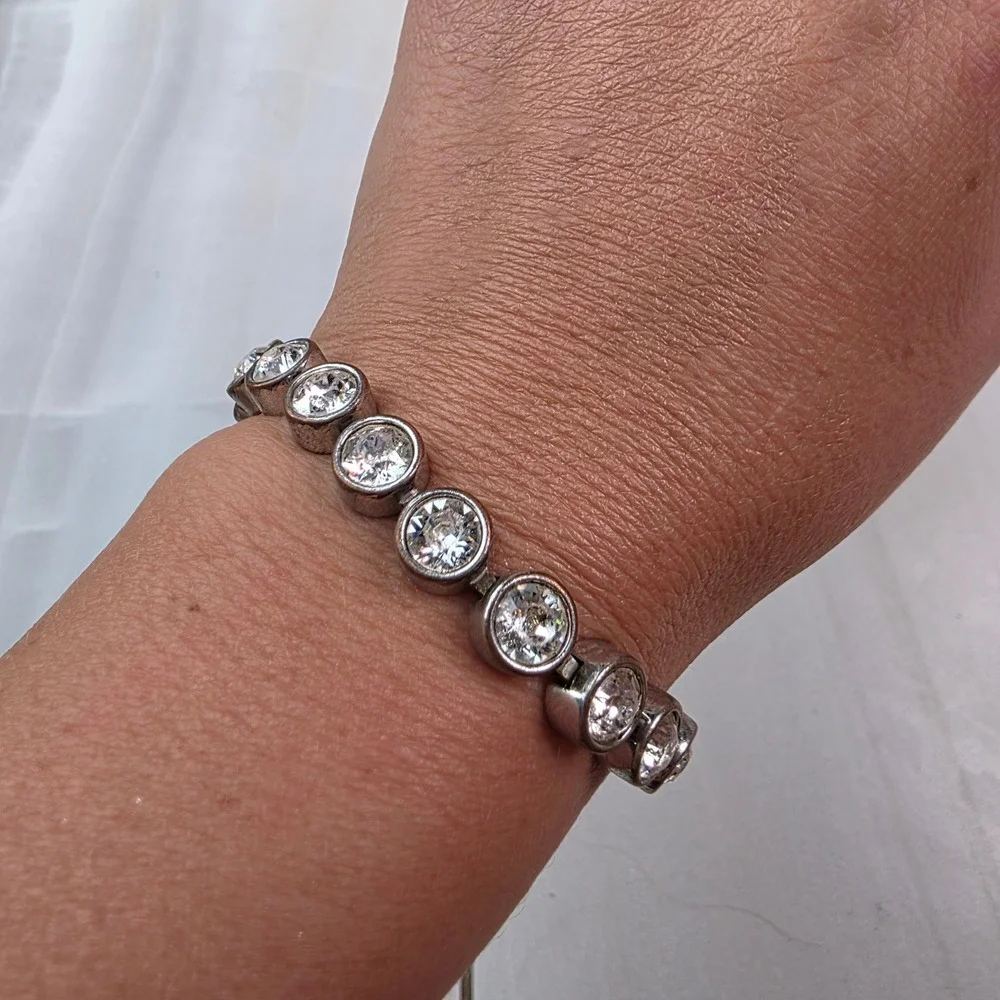 Vintage TC Stainless‎ Steel Bezel Set Clear Crystal Tennis Bracelet Silver Tone